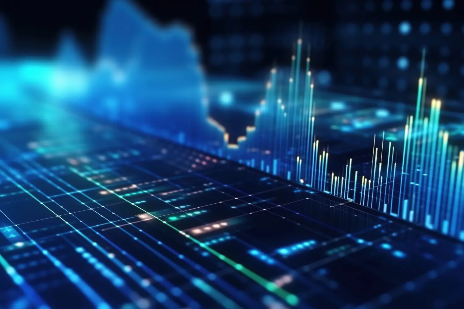 Einblicke in das Wachstum des Aktienmarktes, Unternehmensinvestitionen und Datenanalysen, illustriert mit digitalen Diagrammen, Grafiken und Indikatoren auf einem verschwommenen dunkelblauen Hintergrund 